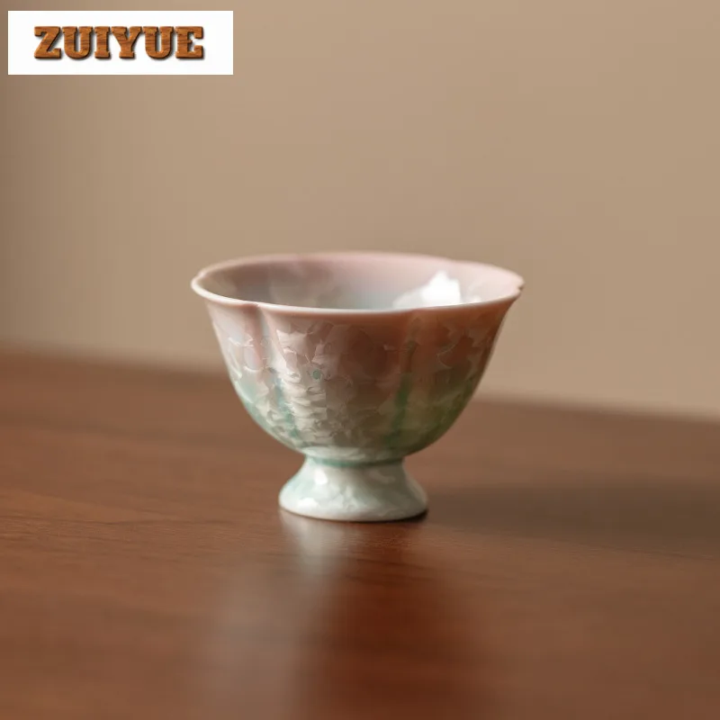 

90ml Crystal Glaze Cyan Pink High Foot Teacup Luxury Tea Bowl Jug Tea-tasting Fragrance Cup Jianzhan Master Cups Chinese Tea Set