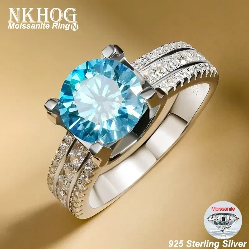 NKHOG 5Carat Real Moissanite Ring 925 Sterling Silver Paraiba Color Blue Diamond For Women Wedding Band Gift Jewelry Certificate