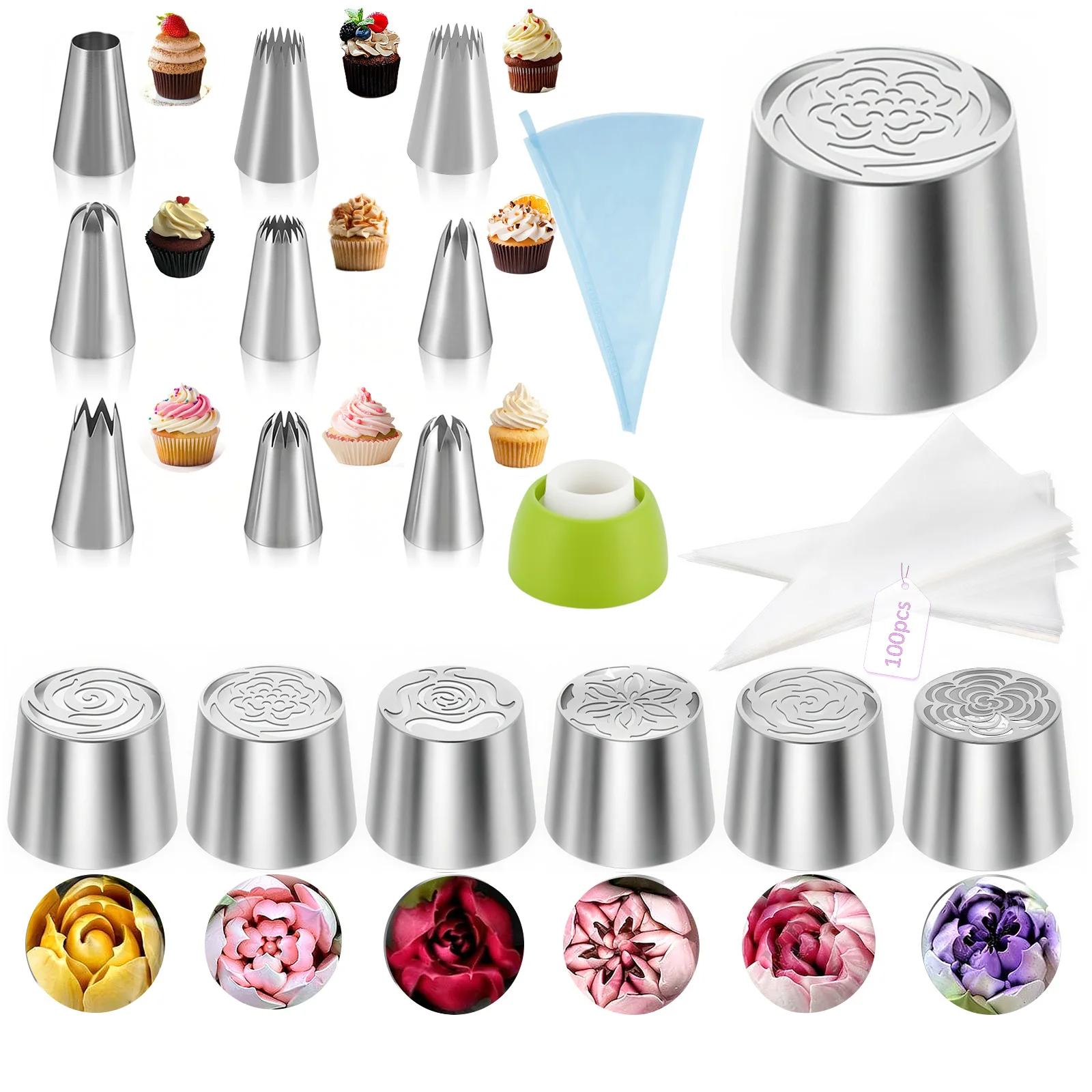 Russian Piping Tips Stainless Steel Decorative Nozzle Set Cake Cream DIY Decorating Reusable Silicone Pastry Icing Baking Tool