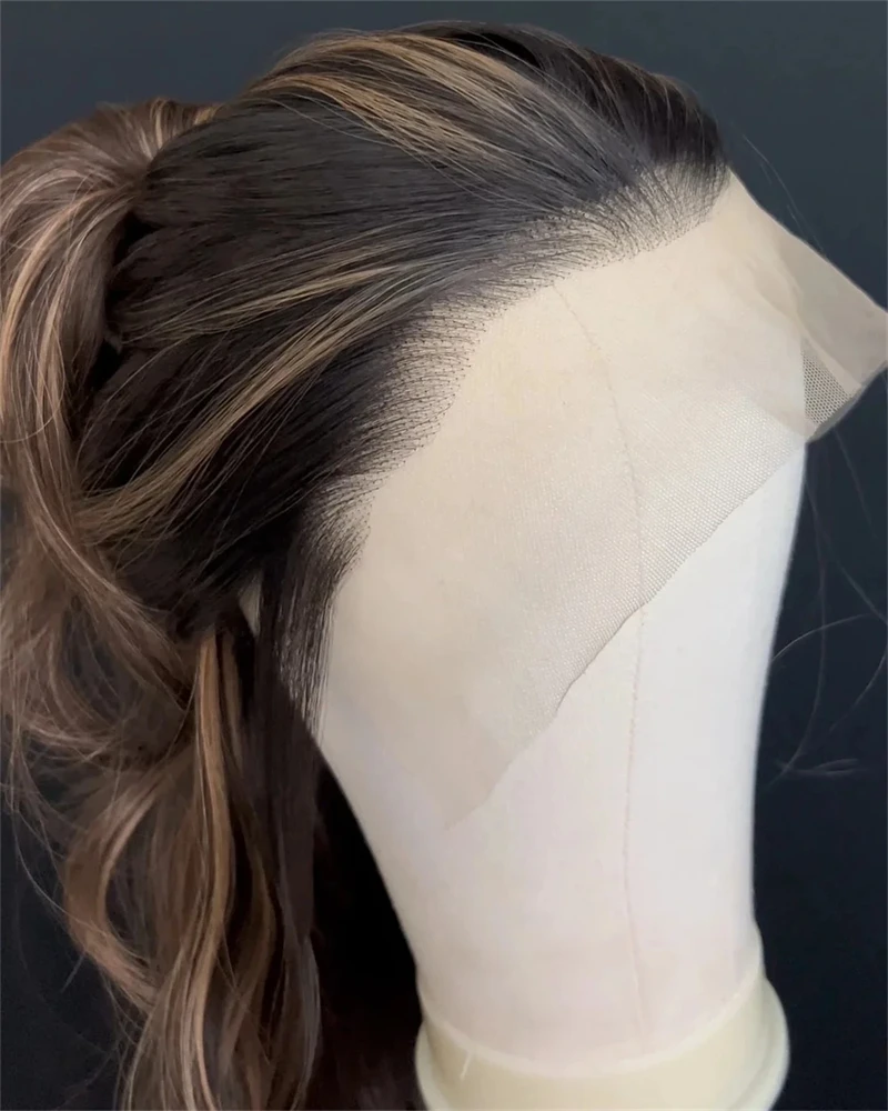 Middle Parting Ombre Honey Blonde Mix Black Long Body Wave Glueless Wigs Synthetic Hair 28Inches  13*4 HD Transparent Lace Wigs