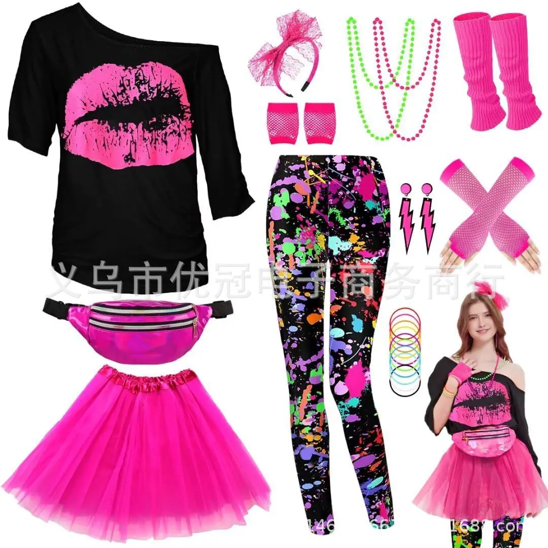 Women’s 80s Cosplay Costume Accessories Set for Halloween Retro Parties description 6