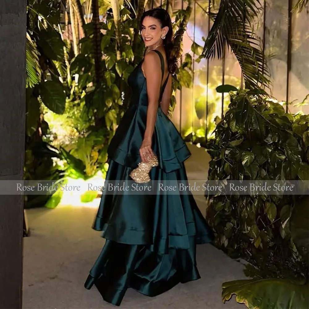 Customized Prom Dress Deep V Neck A Line Sleeveless Tiered Satin Formal Party Gowns for Women Floor Length Elegant Evening Dress
