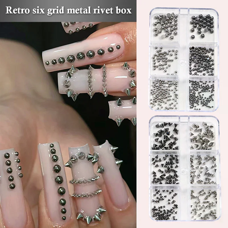 

6 сеток 3d Мини Панк Металлические шпильки для ногтей Смешанный размер Серебро Золото Черный дизайн ногтей Подвески Сплав Заклепки Палочка Конус Diy Ремесла Украшения