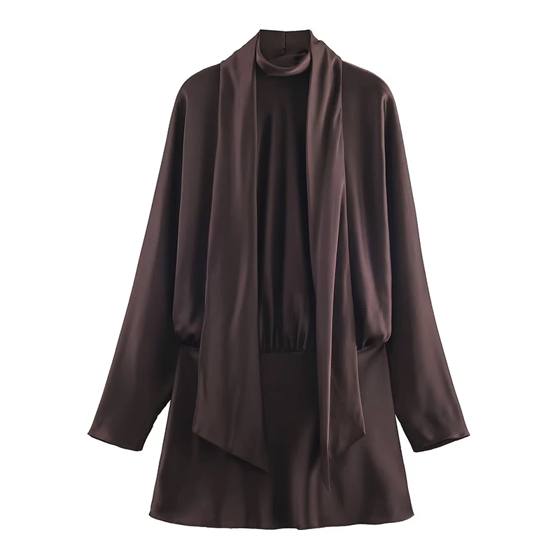 Elegante mini abito in raso per le donne Moda sciarpa colletto manica a pipistrello abito corto Lady 2025 abiti da sera chic per feste autunnali