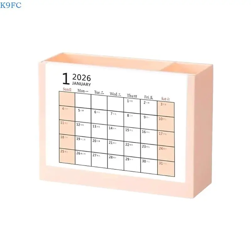 K9FC Desktop Pen Organiser Plastic Pencil Cup with 2026 Monthly Calendar for Office