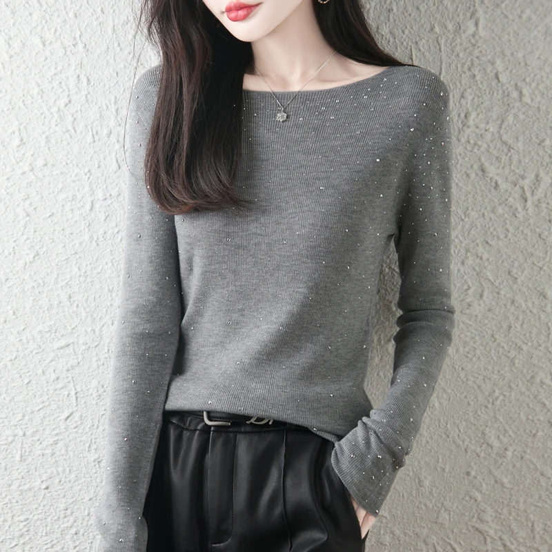 Damski sweter wełniany na jesień/zimę, casualowy, jednolity, z okrągłym dekoltem, dzianinowy top, wyszczuplający, dopasowany sweter z aplikacją z diamentami.