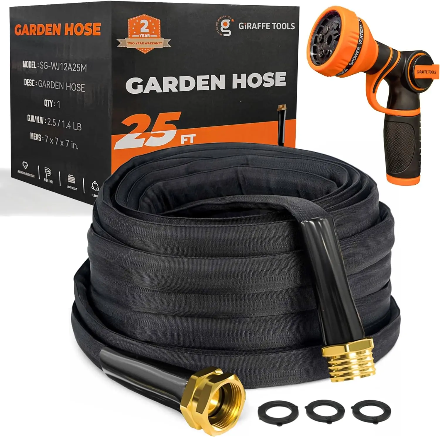 Giraffe Tools Garden Hose Lightweight Lay Flat Water Pipe Kink Free Flexible Hose with 9 Spray Function Nozzle(Black)