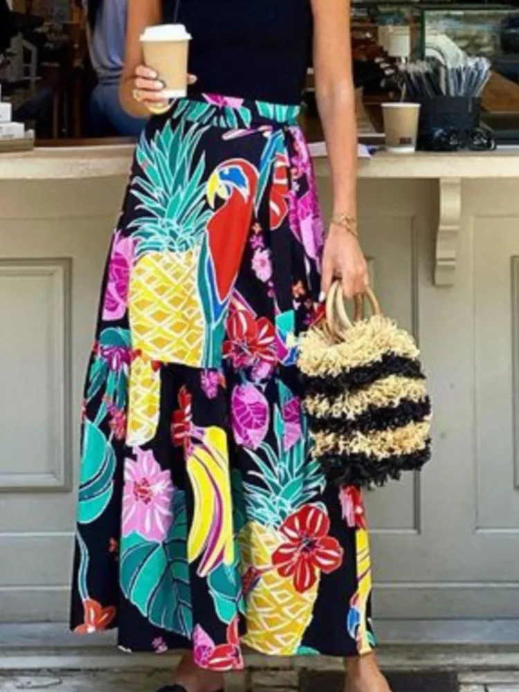 

Fashion Floral Print Skirt Female Casual High Waist Loose Boho Holiday Beach Party Skirts For Women Summer New Womens Clothing