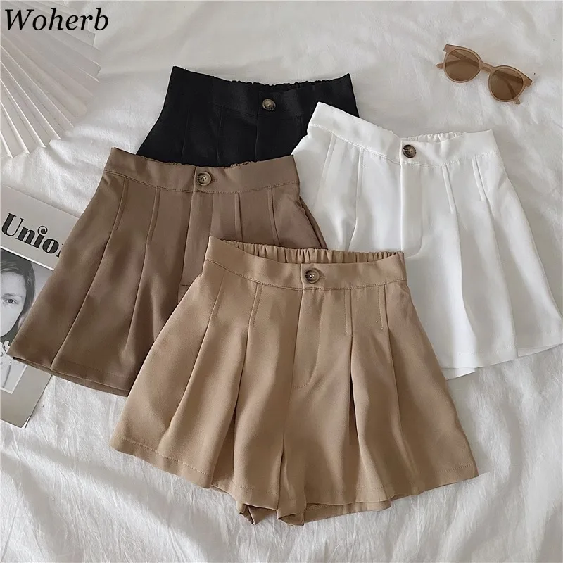 

Korean New Bottoms Solid Zipper All Match Shorts Women A-Line Fashion Button Pantalones 2025 Summer Y2K Pleated Wide-leg Shorts