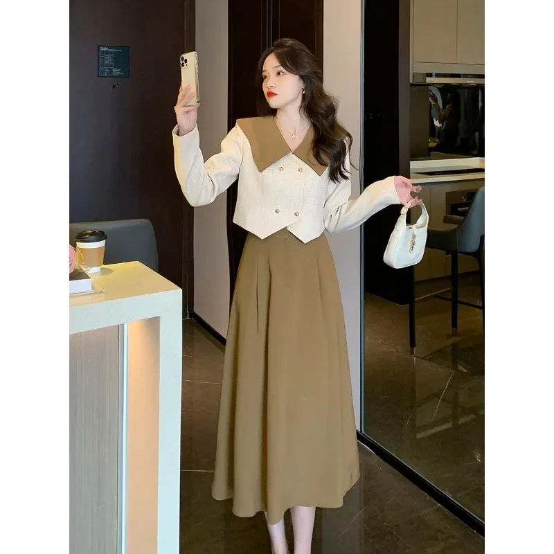 

2024 Весенняя мода Повседневная юбка Костюмы Женский комплект из двух предметов Hit Color Blend Укороченное пальто + юбка трапециевидной формы с большим подолом Комплекты из 2 предметов