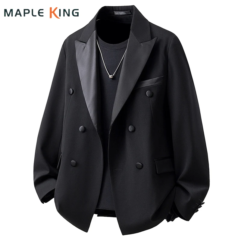 Patchwork Satin Double-breasted Designer Mens Black Blazer Hombre Elegant Groom Wedding Banquets Party Suits Jackets Coats 5XL