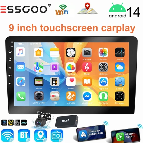 ESSGOO 9 インチタッチスクリーン 2 DIN カーステレオラジオ Android 14 ワイヤレス Carplay Android 自動再生 GPS ナビ WiFi FM RDS SWC BT USB