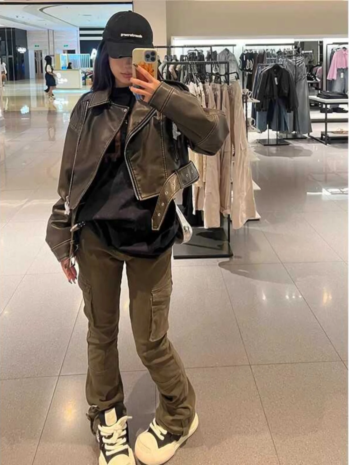 Moto da donna Sle ort sciolto in pelle PU Jaet autunno inverno nuovo arrivo capispalla lungo con colletto rovesciato