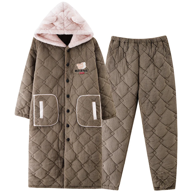 2 Pieces Set Winter Men Bath Robe+Pant 3 Layer Clip Cotton Robe Male Thick Dressing Gown Pijamas Hombre
