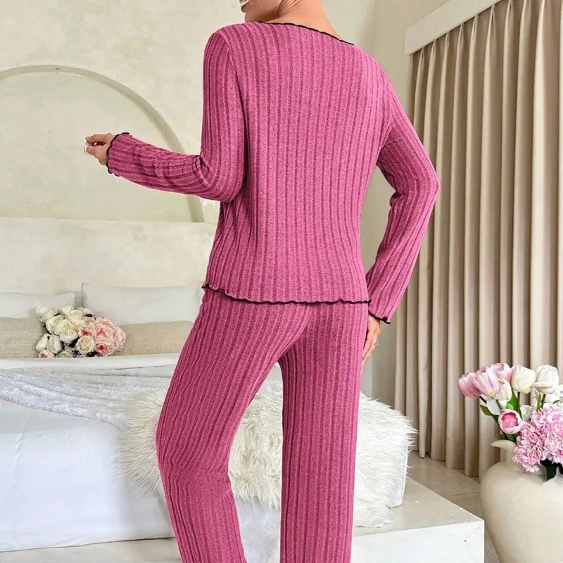 2025 New Autumn and Winter Pit Stripe Black Border Fungus Casual Comfortable Home Clothes Women's Pajamas Set Long Sleeved Pants