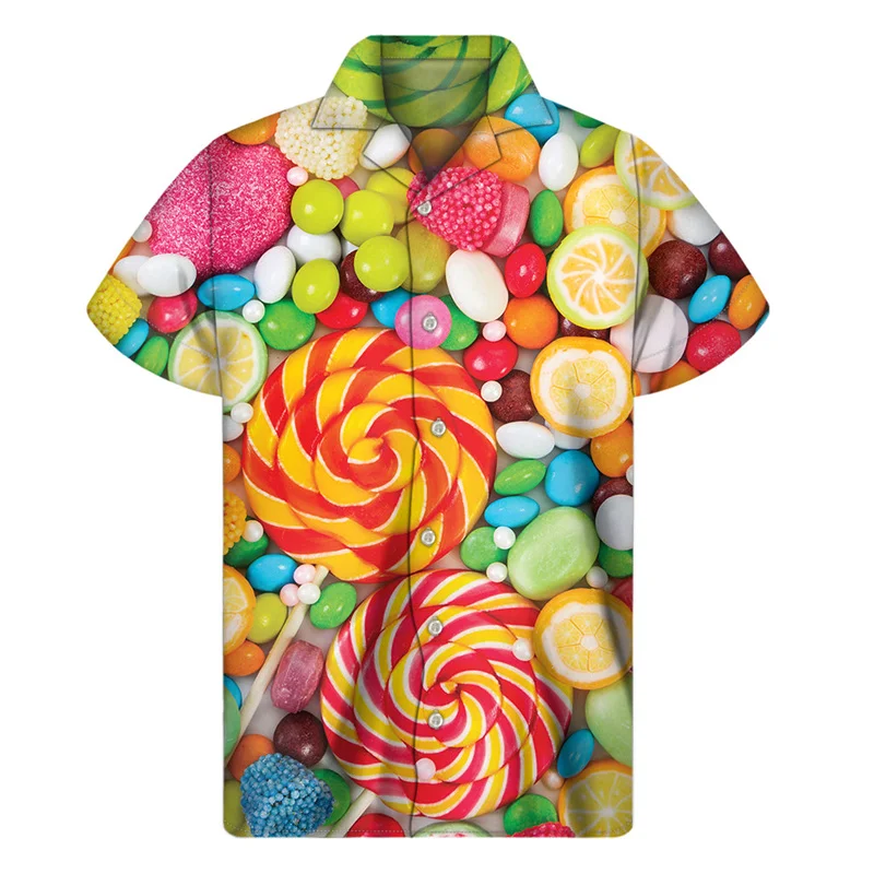 Camisa havaiana com estampa 3D masculina e feminina, Fudge, Pirulito, Botão, Manga curta, Lapela, Blusa Aloha, Roupa colorida, Doces, Verão