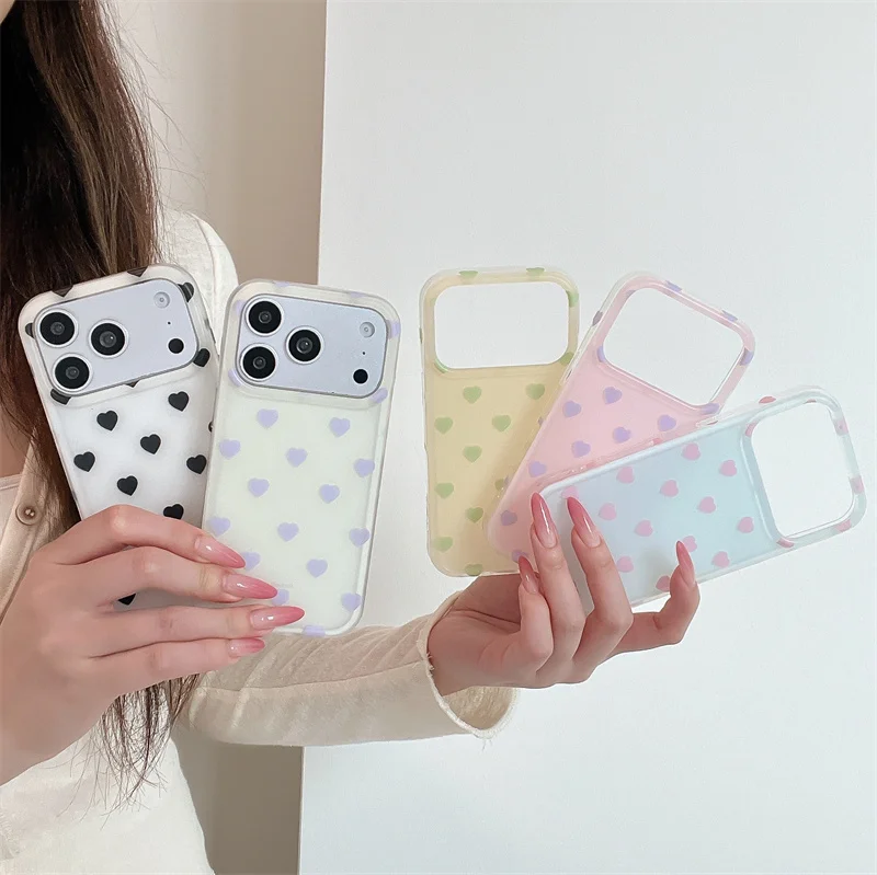 

Cute Heart Print Phone Case for iPhone 15 16 17 Pro Max Pastel Clear Shockproof Protective Cover Kawaii Case Girls