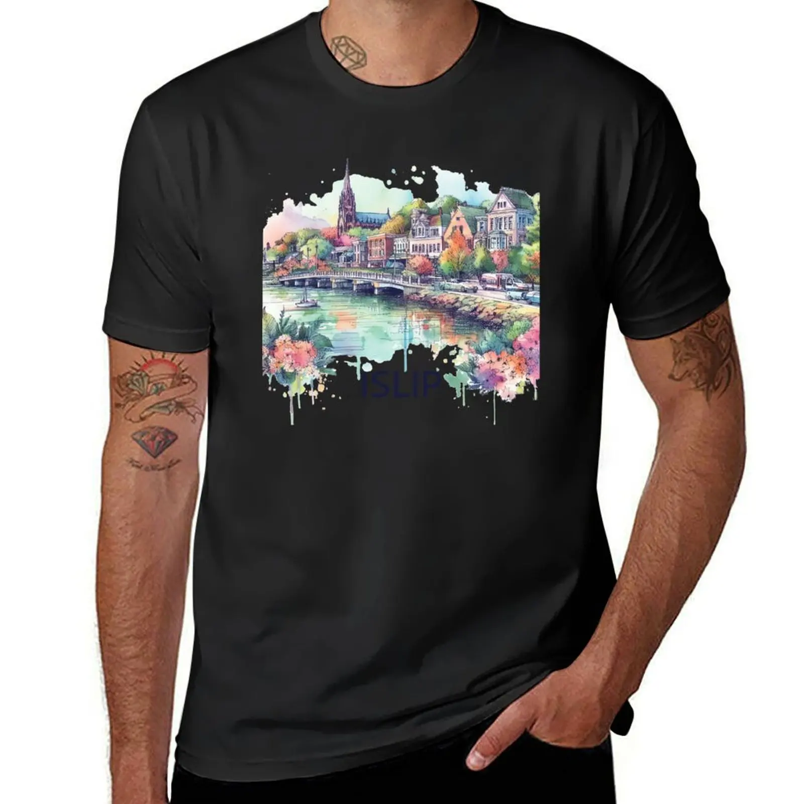 

Islip New York Watercolor Illustration T-Shirt tees plus sizes Men's t shirts