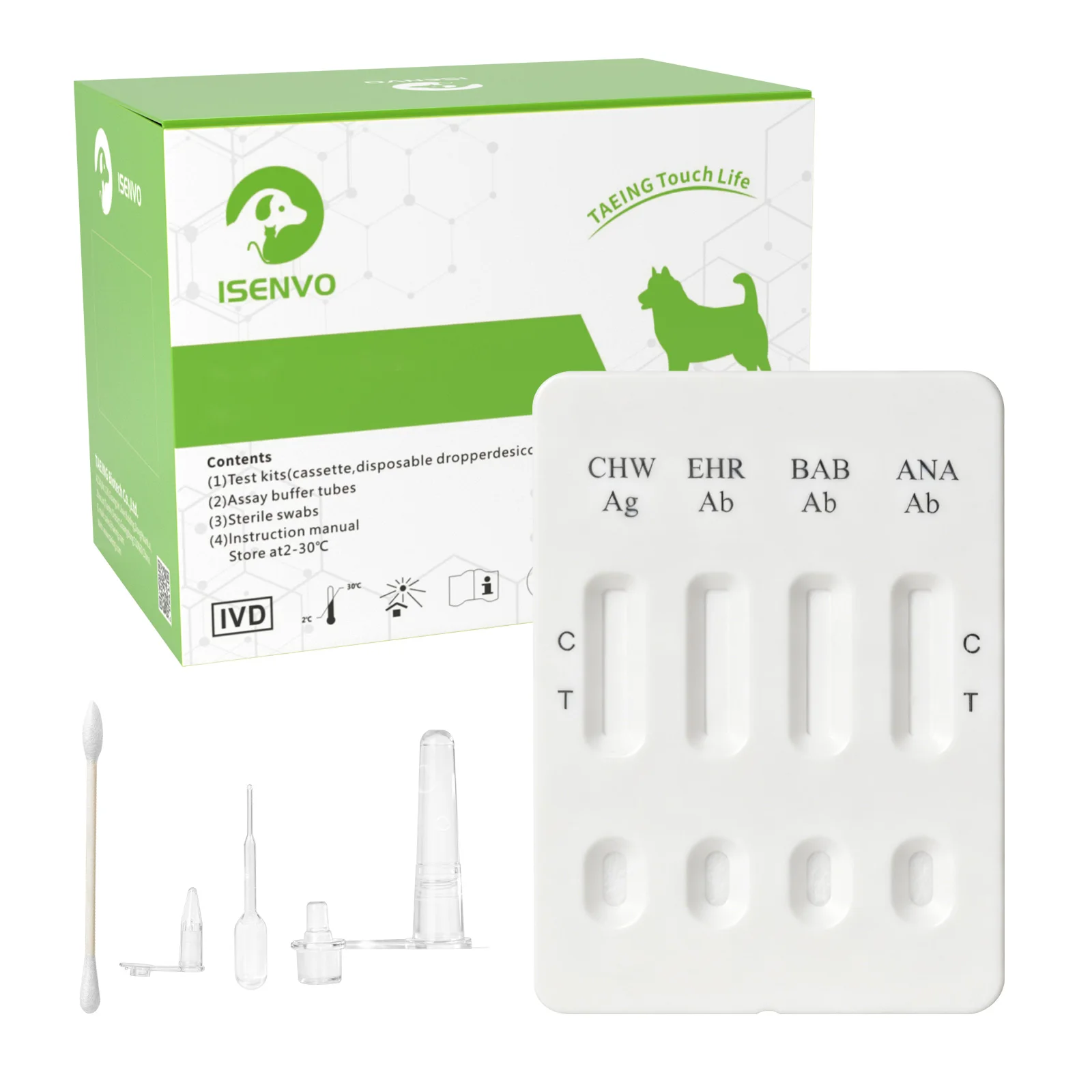 

Canine Ehrlichiosis Antibody/Anaplasma Antibody/Babeisa Antibody/ Heartworm Antigen (EHR Ab/ANA Ab/BAB Ab/CHW Ag) Rapid Test Kit