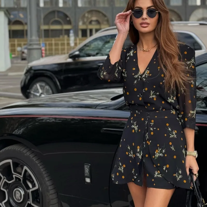 Elegantes florales Chiffon-Minikleid für Damen mit V-Ausschnitt, Taillengürtel, hoher Taille, Schlitz, A-Linie, für Alltag, Büro, Urlaub, Sommer, Freizeit, kurzes Kleid – Detail 16