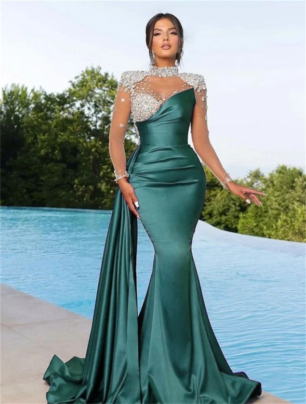 Prom Dress Evening Saudi Arabia Satin Sequined Ruched Valentine\'s Day Mermaid High Collar Bespoke Occasion Gown Long Dresses