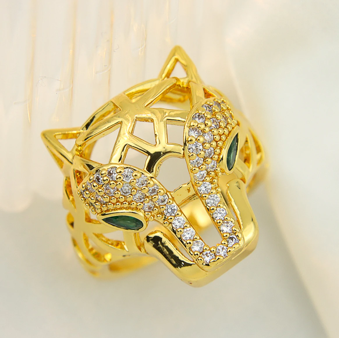 AYONG Punk Personality Leopard Rings 21k Gold Plated Green Eyes Panther Dubai Middle East Men\'s Rings Copper Jewelry