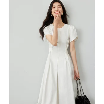 여성용 Vimly 블랙 우아한 풀오버 코튼 100%, 미디 원피스 2024, 라운드 넥 퍼프 슬리브, 솔리드 A 라인 드레스, M7050 여름 