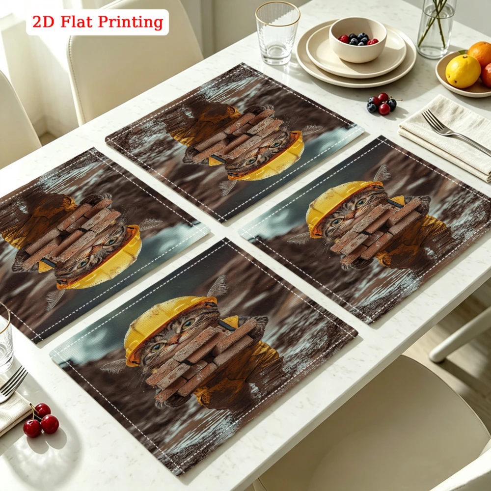2Pcs Funny Cat Worker Placemat Brown Brick Wall Print Table Mat Kitchen Dining Decor Protection 30X40Cm