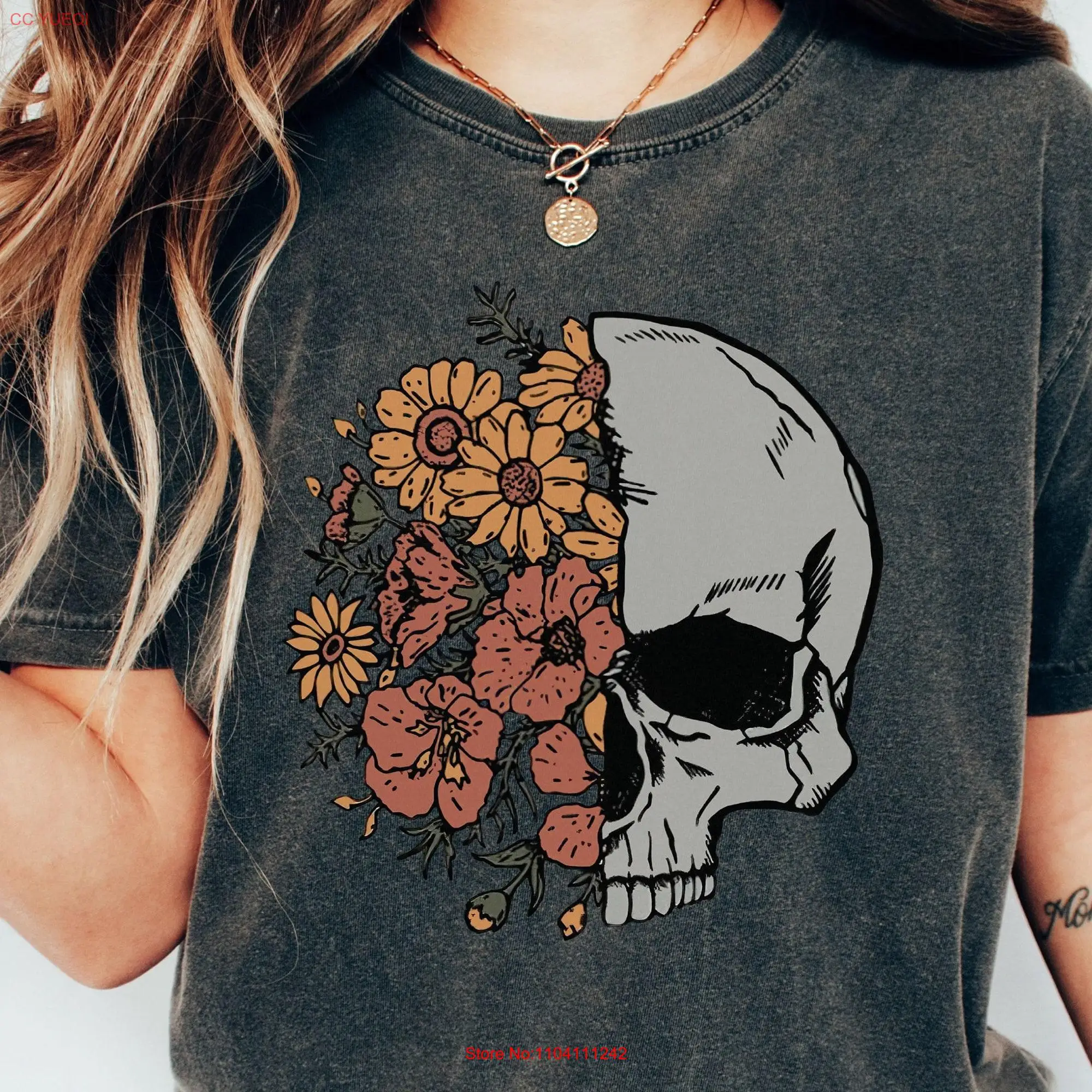 Comfort Colors Sunflower Skull T Shirt Boho Goth Gothic Hippie Floral Birthday for Her Christmas long or short sleeves