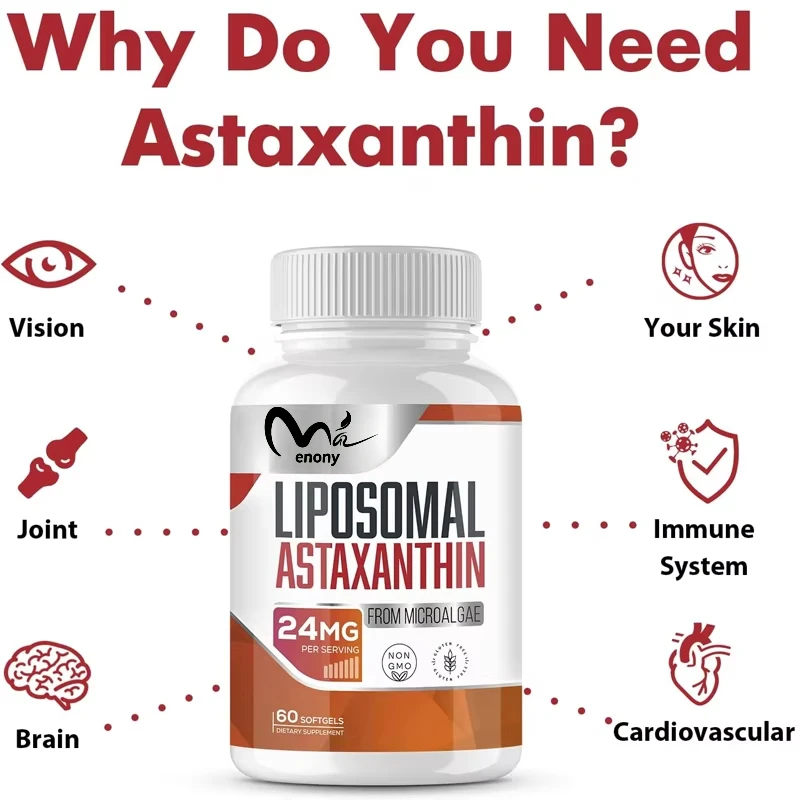 Добавка Liposomal astaxanthin 24 мг, максимальное поглощение, сильнее антиоксиданта, чем витамин C, без ГМО, без глютена