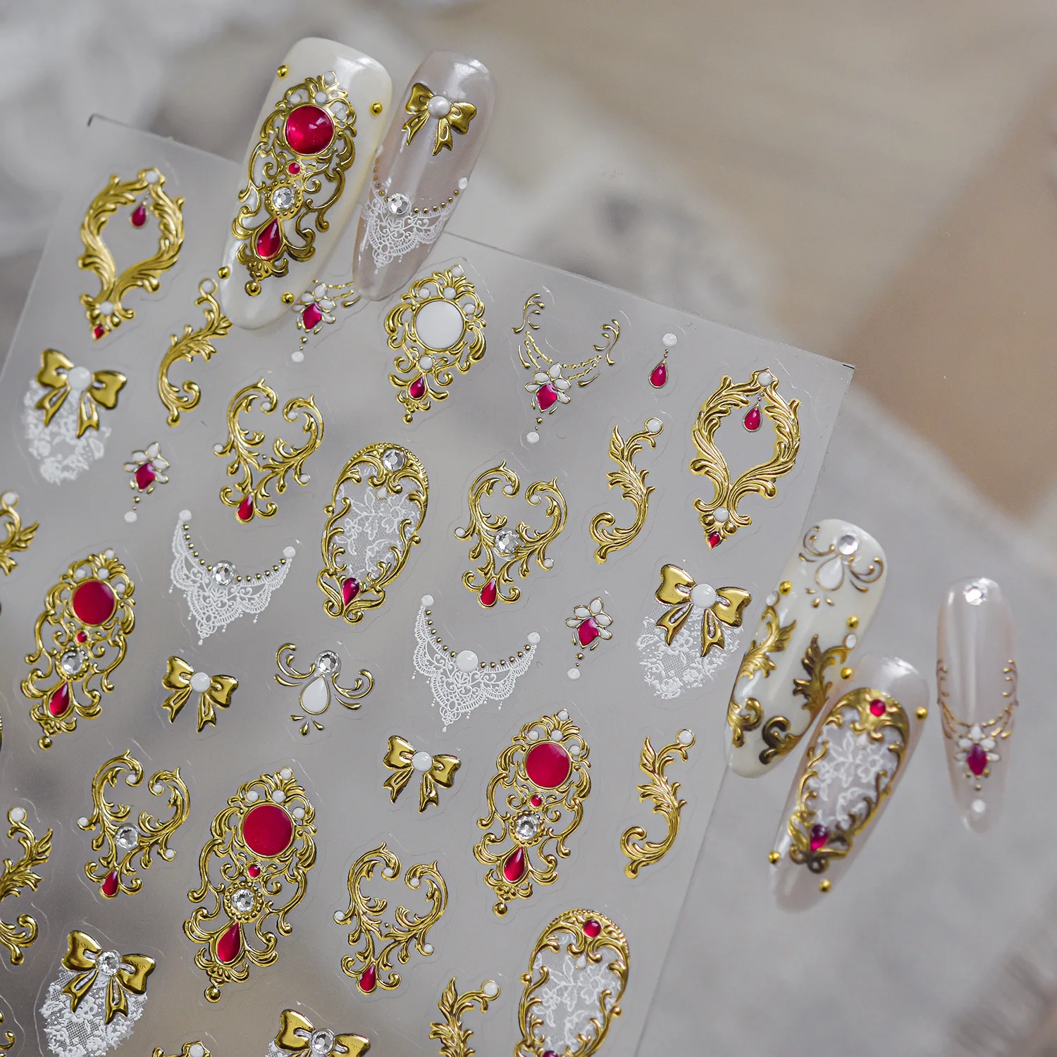 1Pcs Gold Curly Grass Nail Sticker Ruby Bow Lace Hollow Border Nail Art Decoration Self-adhesive Nail Sticker for DIY Manicure