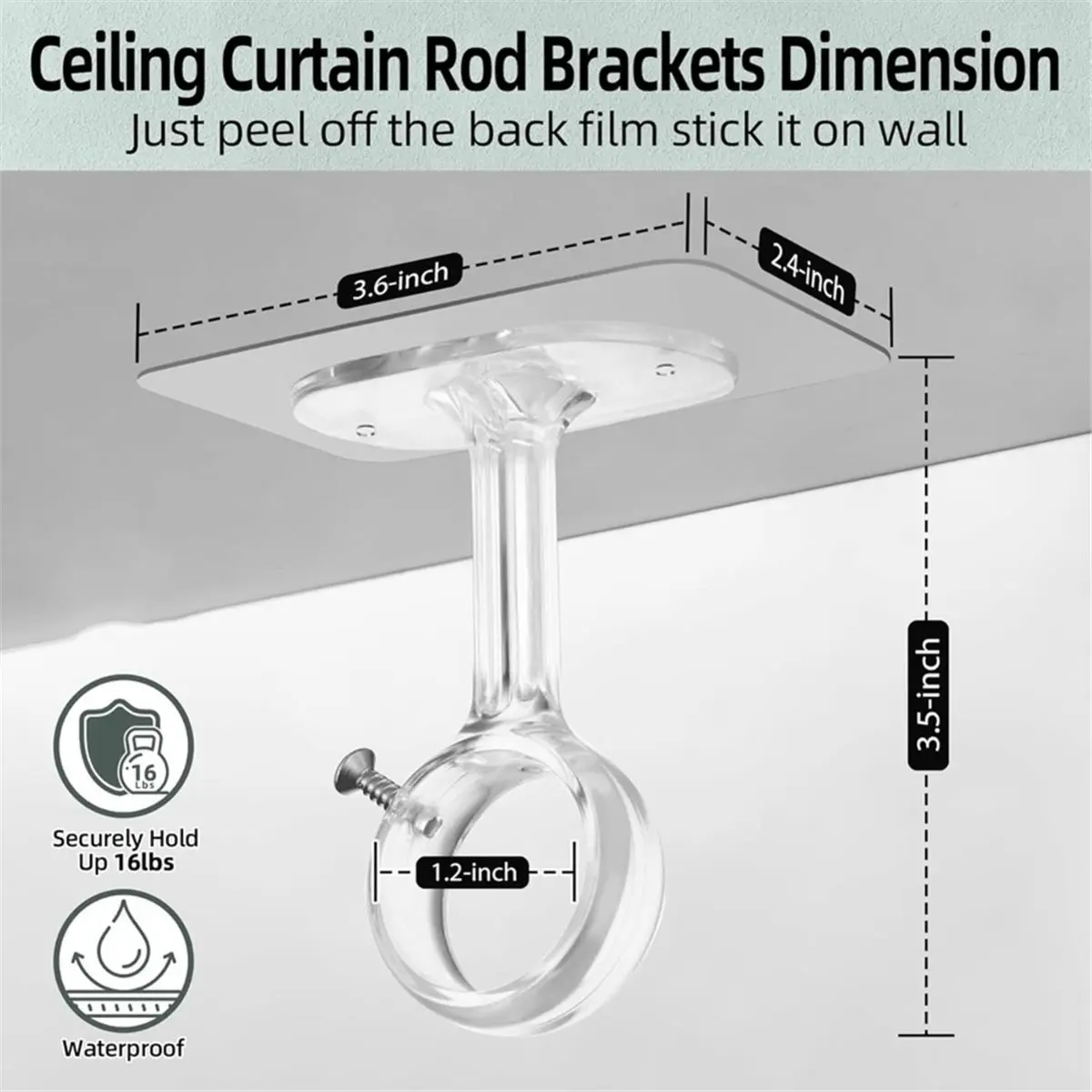 giftnew 8 Pcs Ceiling Mount Curtain Rod Brackets, Adhesive Curtain Rod Holders No Drilling, Adjustable Curtain Rod Hooks Clear
