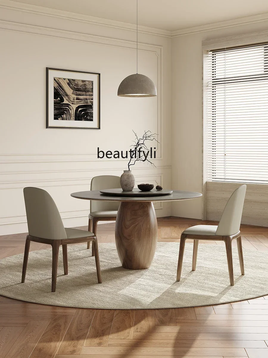 V cqyMatte Stone Plate round Table with Turntable Home Modern Minimalist North American Black Walnut Designer Solid Wood
