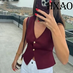 HXAO Womens Vest Sleeveless Knit Vest Women Outerwears Autumn Cropped Black Blue Vest Woman Elegant Off White Red Sweater Vests