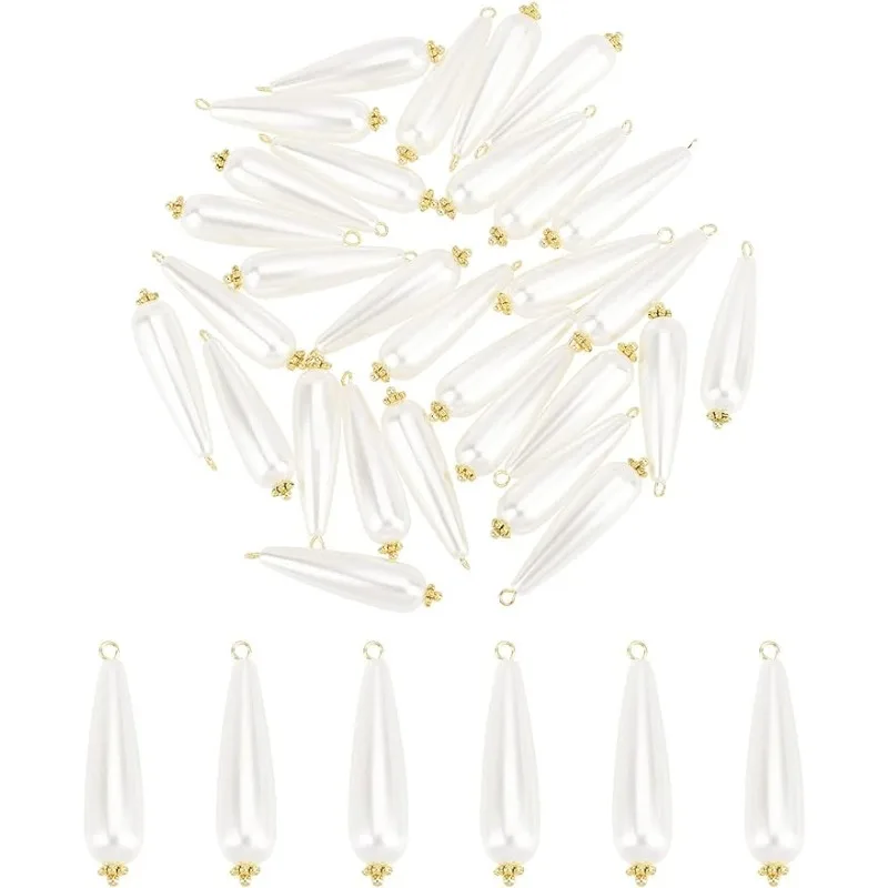 80 Uds. De dijes de perlas en forma de lágrima larga, colgantes de perlas acrílicas de 1,3x0,3 pulgadas, cuentas de perlas artesanales de gota blanca con flor dorada, Margarita Spa