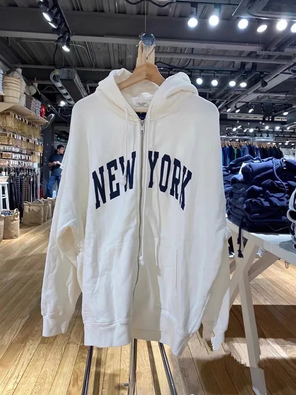 

Loose Fit Brandy Girl BM White NEWYORK Embroidered Hooded Zipper Fce Lined Sweatirt Jaet Women's Casual Streetwear