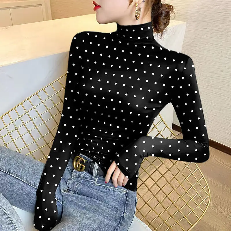 

Women's Solid Color Half High Neck Thin Bottom Autumn and Winter New Fashion Slim Polka Dot Long Sleeve T-shirt Pullover Tops