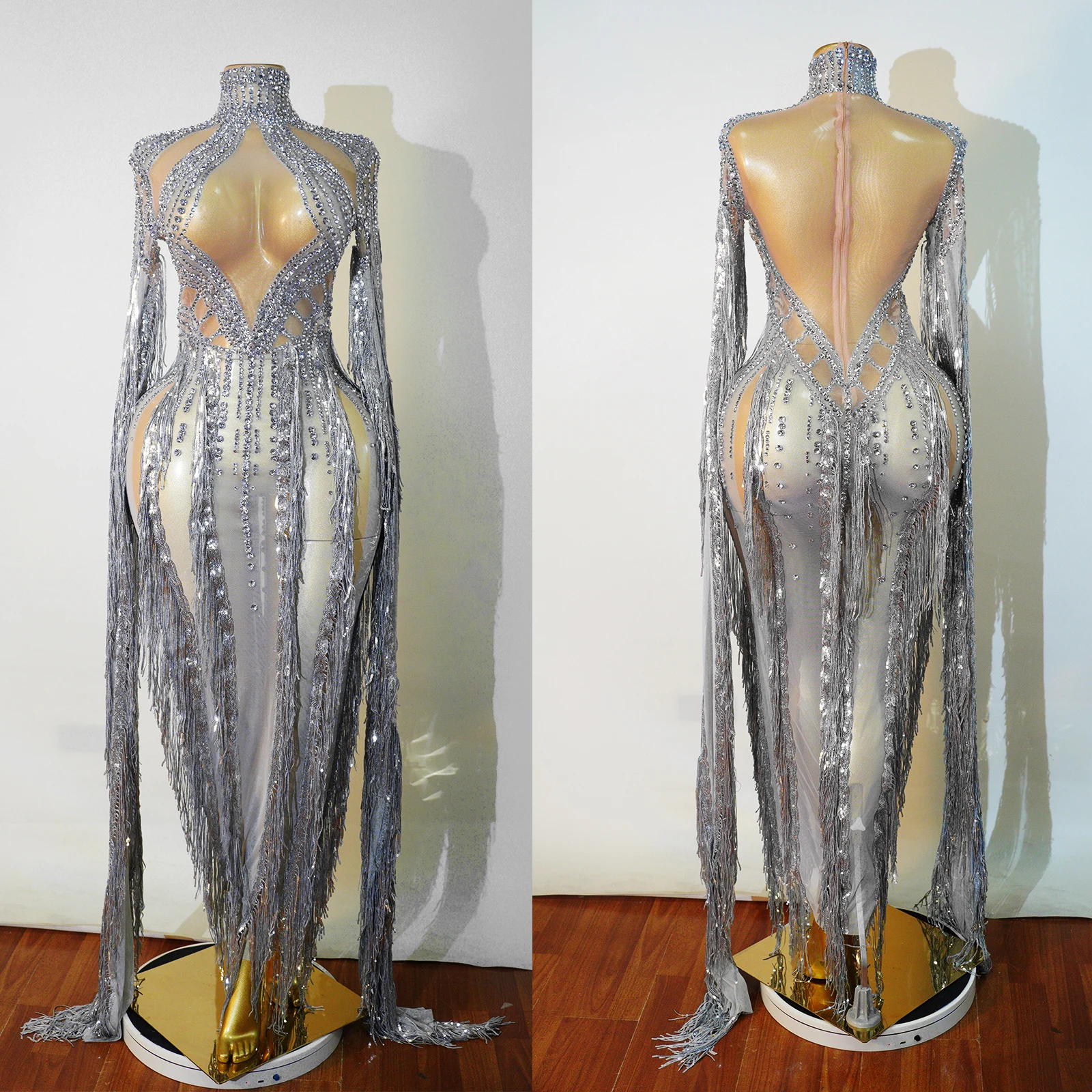 

New Women's Silver Sequin Tassel Diamond Mesh Long-Sleeved Long Dress Evening Dance Party Birthday Prom Stage Nightclub Costume