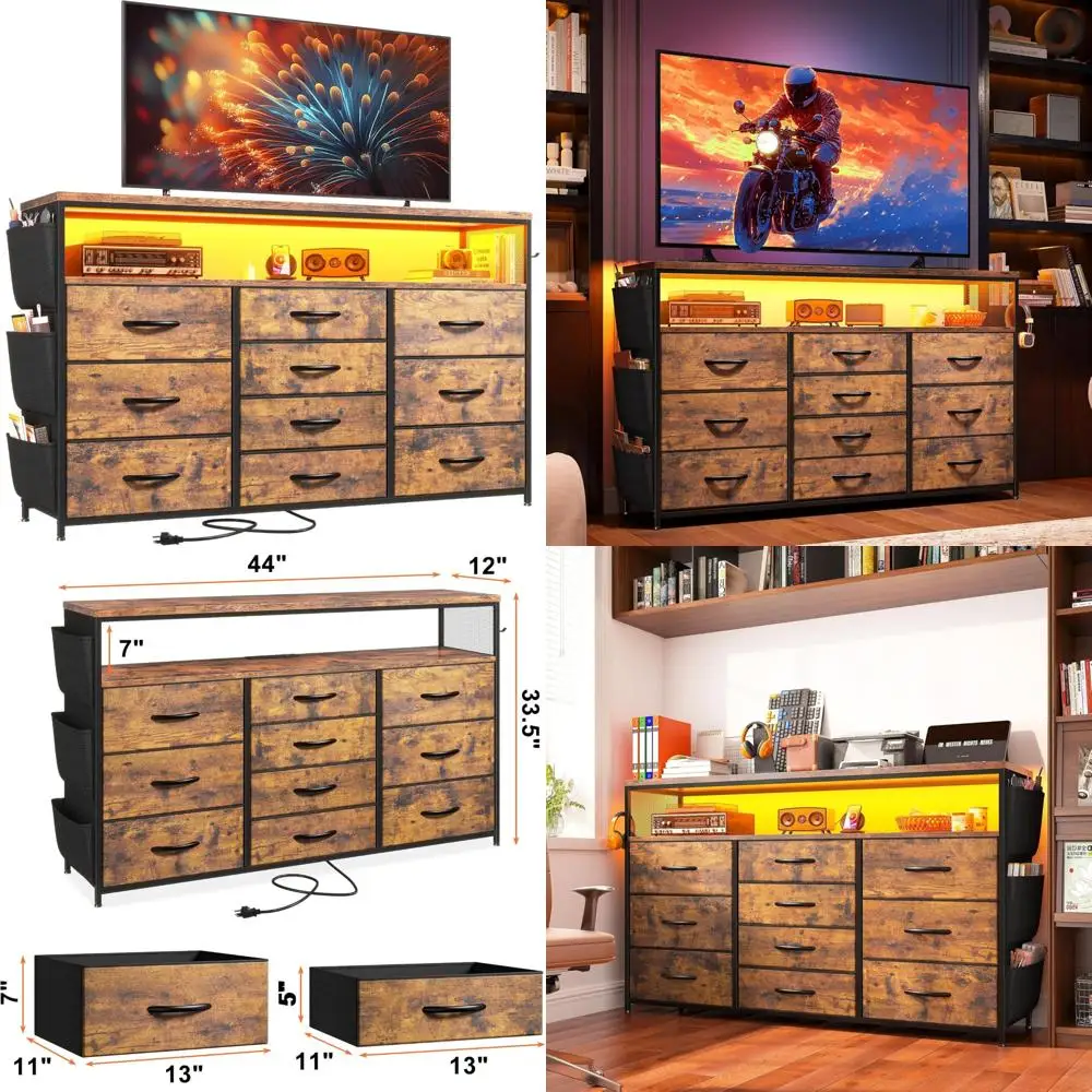 EnHomee Dresser TV Stand with 10 Drawers for 55 TV Stand for Bedroom with LED Lights & Power Outlets Wide Dresser for Bedroom wi