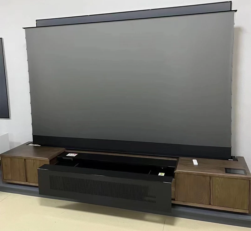 New 120 inch Intelligent Laser TV projection screen automatic integrated cabinet for UST ALR floor rising Projector Screen