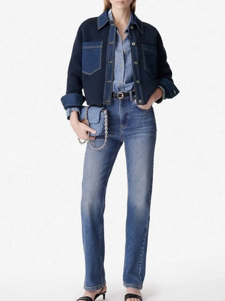 Chujie 2025 outono inverno novo design sentido denim retalhos gola polo jaqueta de peito único + colete curto sem mangas + saia