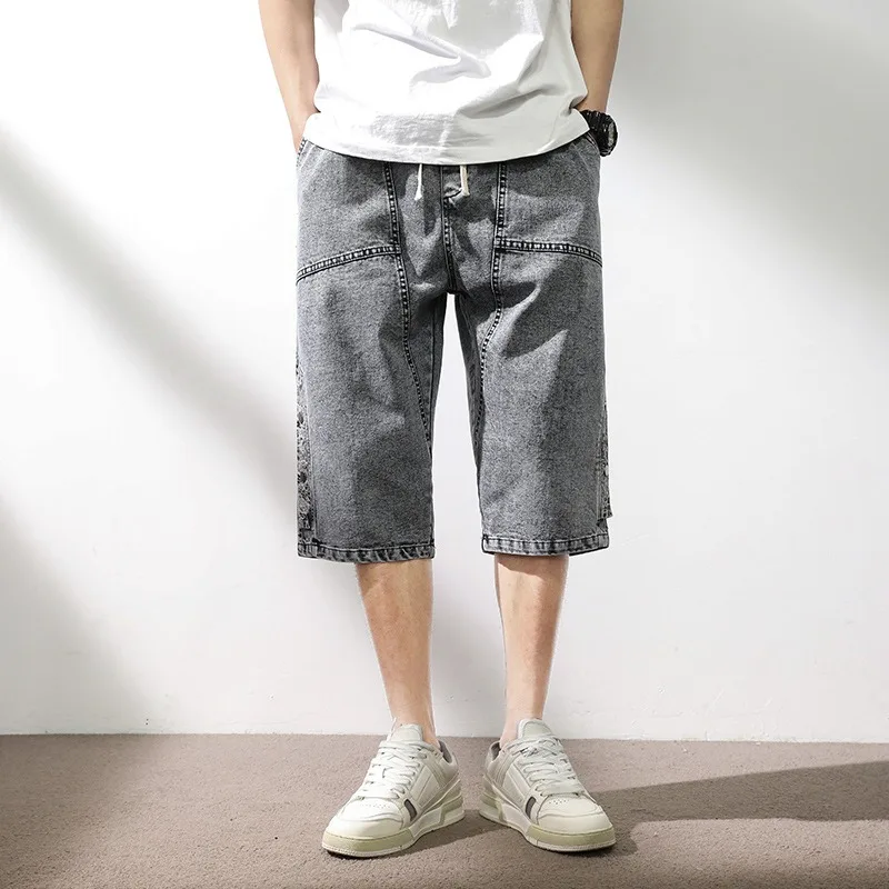 

Summer Men's Jeans Denim Breeches Calf-Length Casual Shorts Washed Cotton Drawstring Straight Capris Pants Big Size 2025