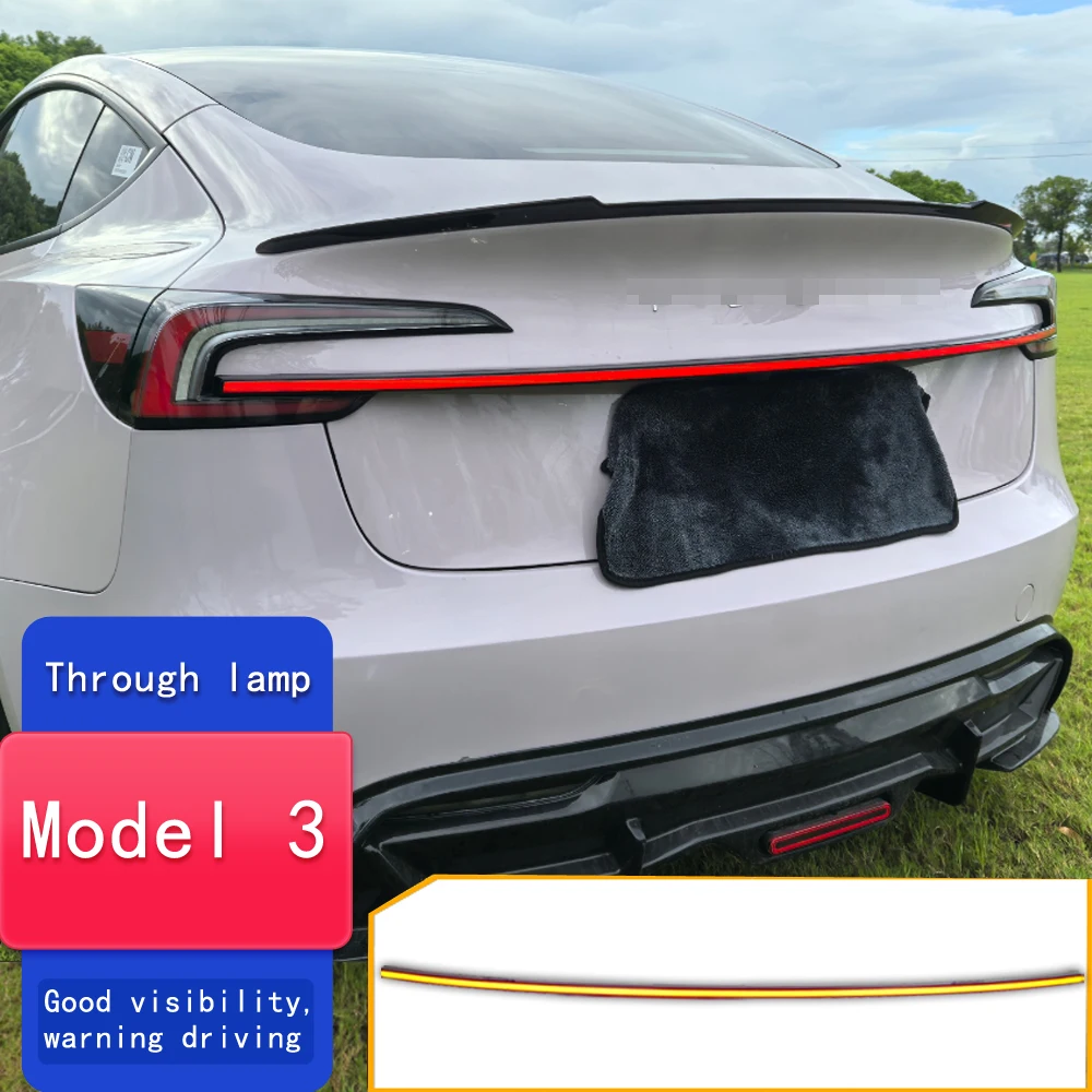 For Tesla Model 3 Through Taillight Flowing Dynamic Turn Brake Rear Tail Trunk Light Bar Auto Lamp Accessory