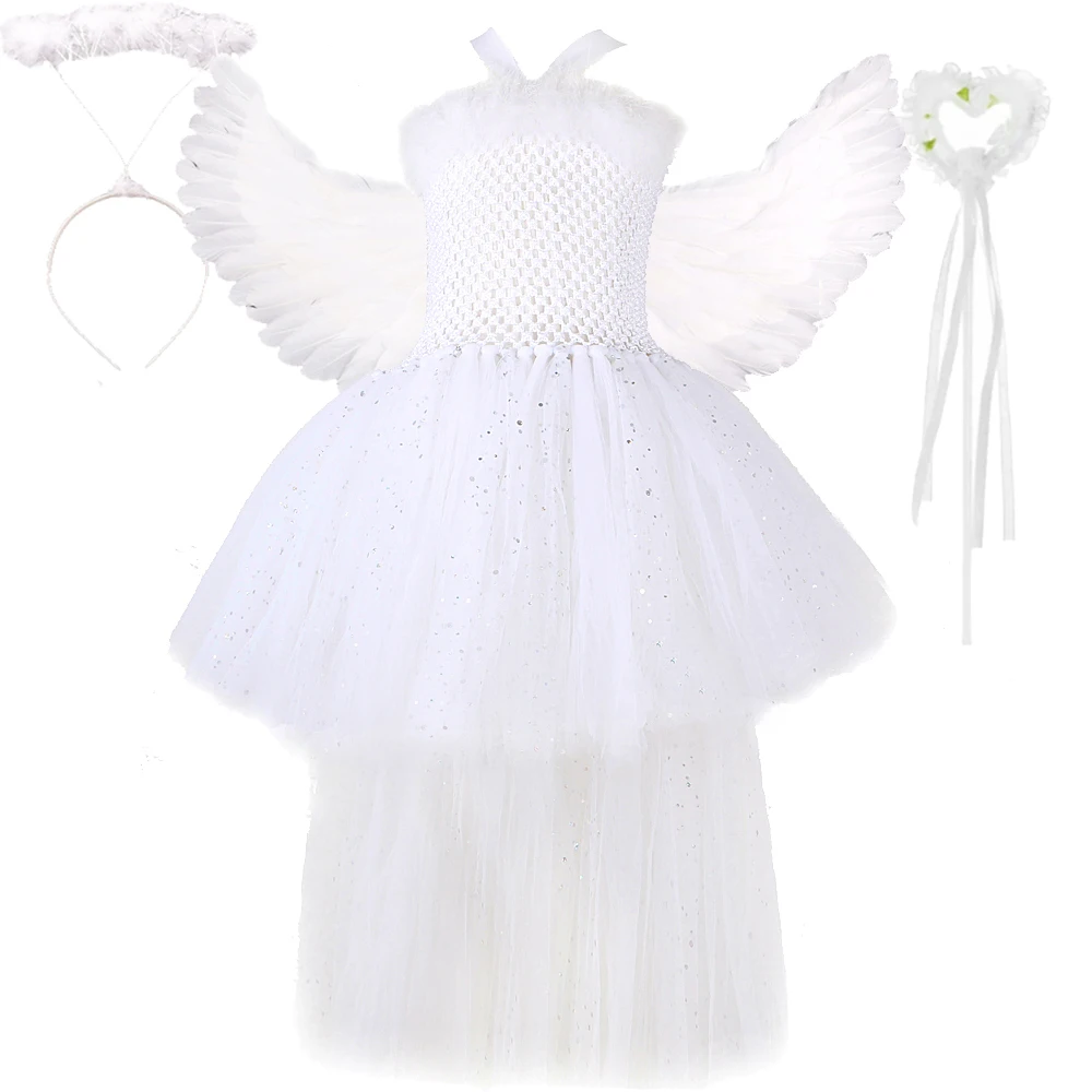 Sparkly White Angel Costumes for Girls Halloween Christmas Lined Trailing Dresses with Wings Set Kids New Year Carnival Outfits