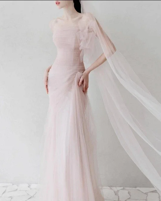 

XPAY Elegant Blush Pink Mermaid Evening Dresses Korea Wedding Photo shoot Soft Tulle Prom Gowns Formal Occasion Dress Customized