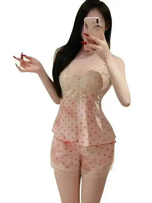 Elegant Sheer Sexy Shorts Sets For Women Summer New Pure Desire Deep V Strap Shorts Polka Dot Ice Silk Printed Loungewear CUVM