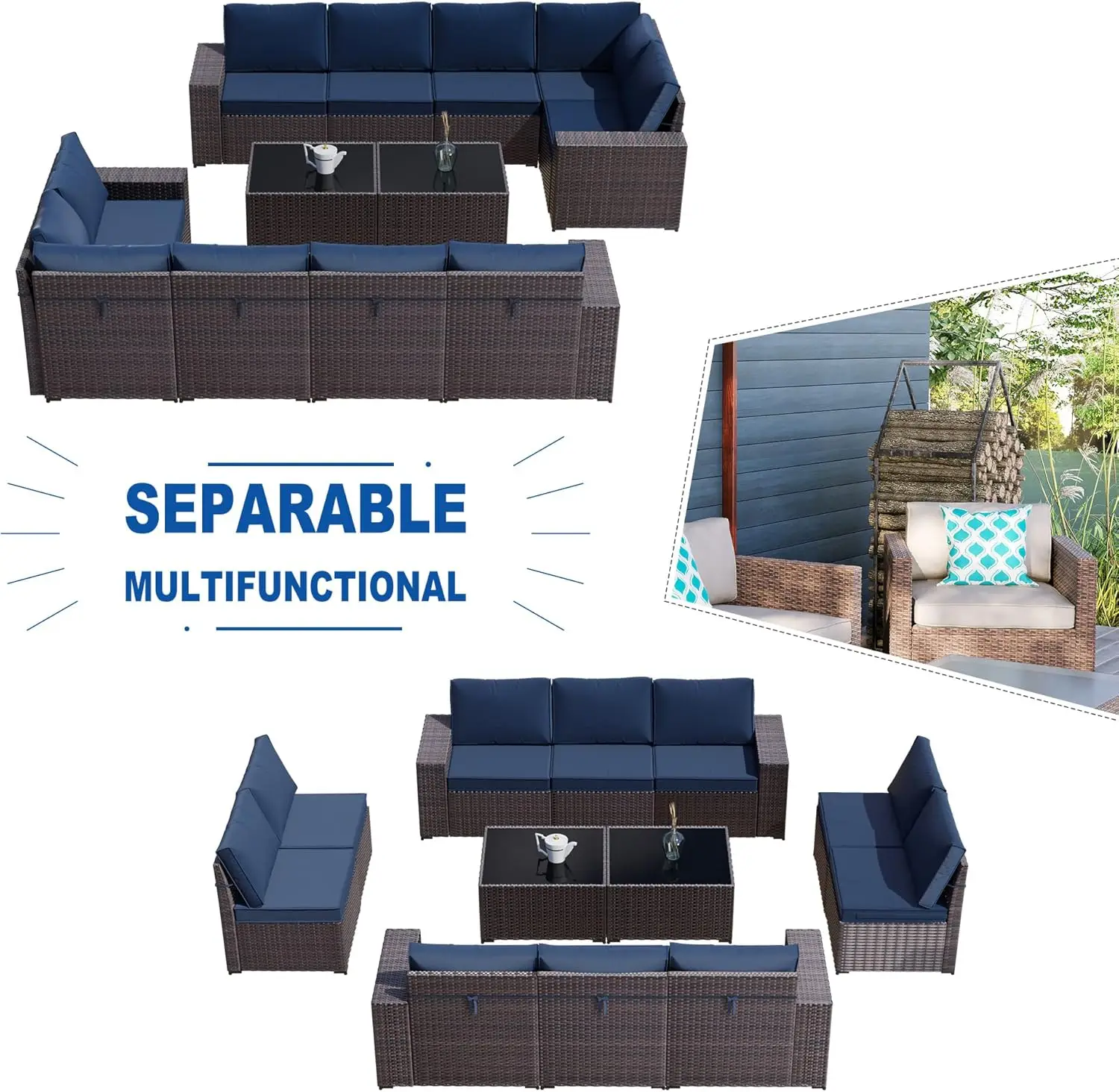 Terrassenmöbel-Set für den Außenbereich, 12-teiliges Sofa-Set aus Rattan, braunes PE-Rattan-Gewebe, Terrassen-Gesprächsset mit 10 N