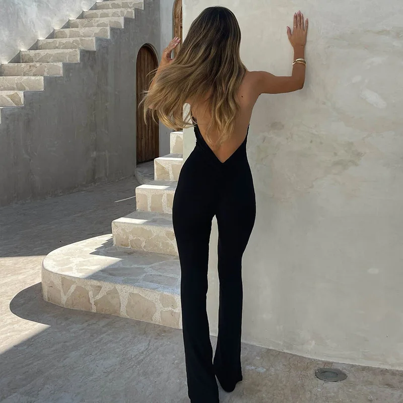 2025 European and American summer new women's sexy deep V-neck hanging neck backless lace up slim fit spicy pants jumpsuit