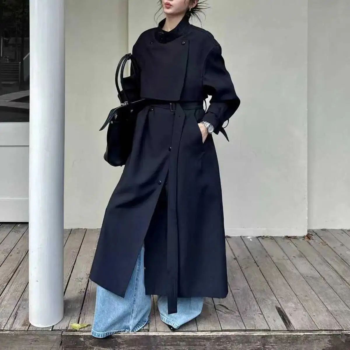 KWTX 2025 秋冬新作 ベルト付きスタンドカラー無地ロングトレンチコート ポケット付き カジュアルでおしゃれで快適なハイタイプ