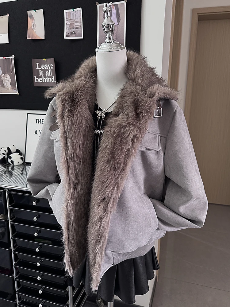 

Американская повседневная куртка-косуха с флисовой подкладкой и меховой отделкой, свободного кроя, модная, с длинными рукавами, цветное пальто